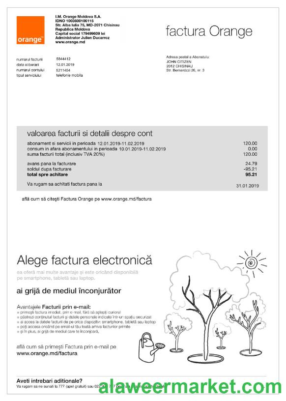 Moldova Orange utility bill template, fully editable in PSD format